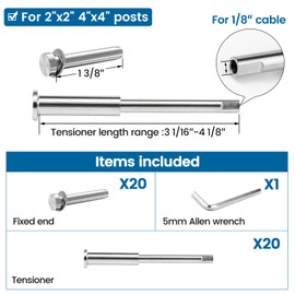 Muzata 20 Pair 1/8" Invisible Cable Railing Kit Swage Tensioner and Terminal Hidden T316 Stainless Steel Threaded Stud for 2"x2" 4"x4" Wood Metal Post Cable Railing Hardware CR52