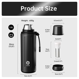 Heater Vacuum Flask for Hot Drink 1L (72 hrs Cold & 48 hrs Hot) Tea Thermal Cup with Removable Base and Filter Coffee Flask 304 Stainless Steel Bottle for Travel Office and School(Black)