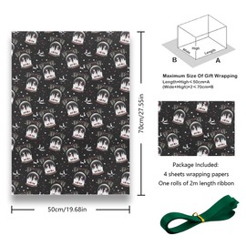 Vintage White Snowman With Trees and Gift Packages In Snow Crystal Ball With Berries and Stars Black Christmas Wrapping Paper 4 Sheets With Green Ribbon Folded Flat 20x28 inches per sheet For Xmas Holiday Gift Wrap