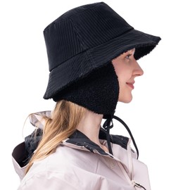 Winter Bucket Hat Winter Thermal Bucket Hat Warm Fleece Lined Women's Waterproof Rain Hat with Ear Flaps Black