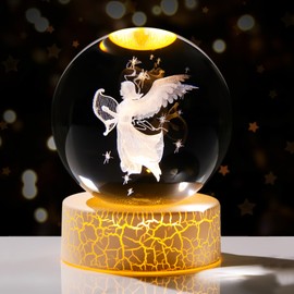 8cm K9 Crystal Ball Engraved Guardian Angel Figurine with LED Light Stand Home Collectible Paperweight Ornament Guardian Angel Wings Sentimental Memorial Gifts for Women Family Friends