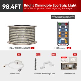 Shine Decor Tunable White LED Strip Light, 2800-6000K Warm to Cool Changeable Strip Lighting Remote Control for Living Room, 98FT Connectable ETL Listed CCT Outdoor Rope Light Waterproof with Timer