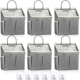 6 Pack Wall Hanging Storage Bag Bulk, Wall Hanging Organizer with Pockets, Linen Cotton Wall Pouch Basket with Sticky Hooks for Over The Door Closet Bathroom Bedroom Kitchen Dorm Room (Gray)