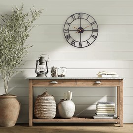 Large Outdoor Clock, Vintage & Antique European Industrial Decorative Metal Roman Outdoor Clock, Silent Battery Operated Skeleton Iron Wall Clock Garden/Patio/Pool/Fence-18 Inch, Golden Hand