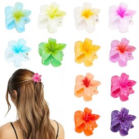Pack of 12 Flower Hair Clips, Flower Hair Clips, Hawaiian Flower Hair Clips, 4 cm Large Plumeria Flower Claw, Thin, Thick, Curly Hair for Women, Non-Slip Hibiscus Hair Clips, Hair Accessory