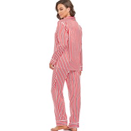 Serenedelicacy Women's Satin Pajama Set Long Sleeve Button Down Sleepwear 2-Piece Striped Silky Pj Set (X-Small, Red, Striped)