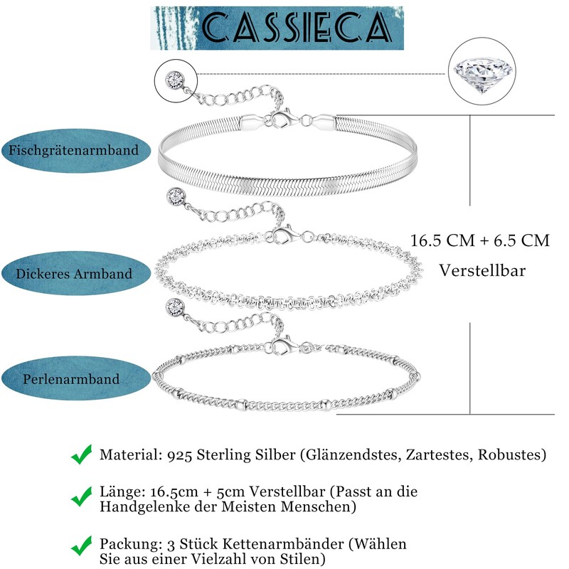 CASSIECA Women's Bracelet 925 Sterling Silver Bracelets Silver Bracelet Set