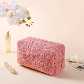 JOVAKIT Travel Makeup Bag Cosmetic Bag for Women, Fashion Christmas Gifts, Plush Zipper Make Up Pouch, Large Capacity Toiletry Organizer Makeup, Portable Storage Bag Trendy Stuff (Pink)