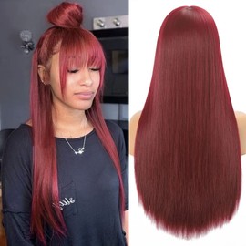 Burgundy Wine Red Wigs for Women Long Straight Wig with Bangs Natural Fashion Silky Soft Smooth Remy Hair 24 Inch Realistic Wig Heat Resistant Fiber Synthetic Wig Machine Made Glueless Full Wig 99J Daily Wig