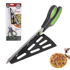 NHSUNRAY Stainless Steel Pizza Cutter Scissors with Removable Spatula and Safety Switch 2 in 1 Pizza Kitchen Tool 11" Long (Black-Green)