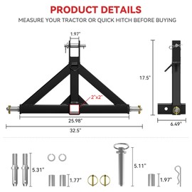 3 Point 2" Trailer Hitch Receiver Compatible with Quick Hitch for Category 1 Tractors, Heavy Duty Tractor Mover Drawbar, Farm Equipment and Subcompact Trailer Hitch for Tractor Standard Cat 1(Black)
