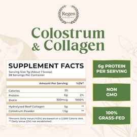 Regen Vitality,Grass-Fed Colostrum & Collagen Powder | Gut Health, Hair Strength, Joint & Anti-Aging Support | New Zealand Colostrum, Hydrolyzed Collagen, 300mcg Biotin | Organic Vanilla | 28 Servings