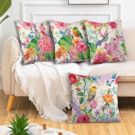 AREBOLO Flower Velvet Cushion Covers 45 x 45CM, Set of 4 Pink Floral Bird Throw Pillow Covers for Patio Furniture Decorative Rustic Flowers Prints Pillowcases Cushion Cases for Couch Sofa Living Room