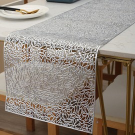 Hosoncovy Hollow Table Runner Non-slip Decorative PVC Table Mats Placemat Heat Resistant Mats for Home Party Kitchen Dining Wedding Decor (150CM X 30CM) (Silver)