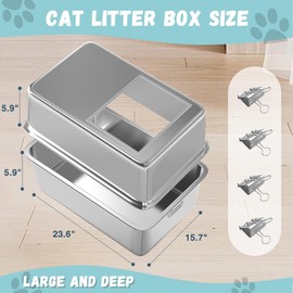 TSAYAWA Stainless Steel Enclosed Cat Litter Box with Lid - Extra Large Metal Pan (23.6x15.7x11.8in) Odor-Resistant Covered Design for Cats/Rabbits, Indoor Corner - Easy-Clean