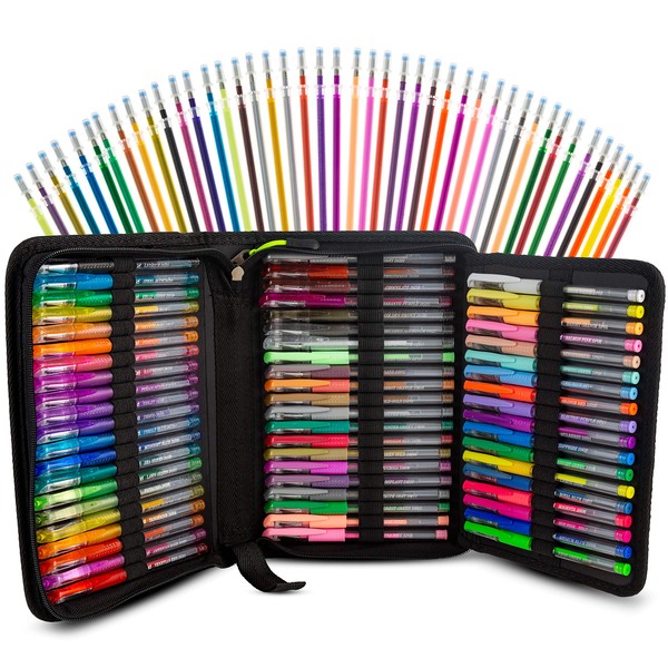 120 Color Artist Gel Pen Set includes 28 Glitter Gel Pens 12 Metallic, 11 Pastel, 9 Neon, plus 60 Matching Color Refills, More Ink Largest Art Neon Pen for Adults Coloring Books Craft Doodling Drawing