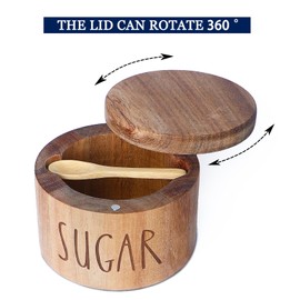 Acacia Wood Spice Box with Swivel Lid and Built-in Spoon for Kitchen Countertop,Farmhouse Kitchen Decoror for Storing Salt, Peppers, Sugar or Seasonings (Labeled “SUGAR”)