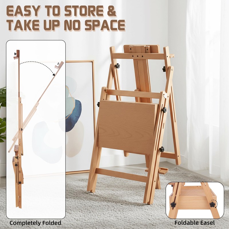 YOKUGO Beech Wood H-Frame Easel for Painting with Tray &