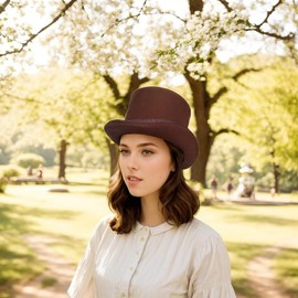 100% Wool Felt Top Hat Men’s Traditional Hand Made Fedoras Bowler Hats with Satin Lined (L, Brown)