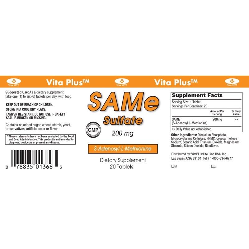 Vita Plus 3 Pack Vita Plus SAMe Sulfate 200mg 20