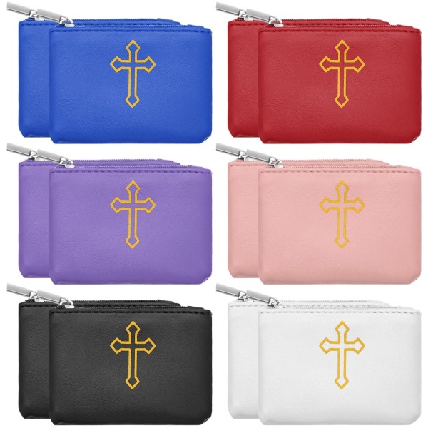 Shinylin 12 Pcs Leather Rosary Pouch Case with Zipper, Cross