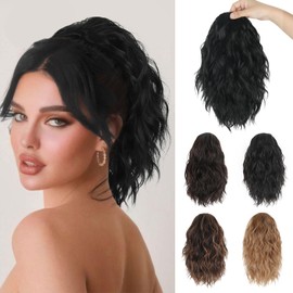 Drawstring Ponytail Extension Curly Wave 12 Inch Fake Ponytail Hair Extensions Short Synthetic Pony Tails Hair Pieces for Women (Black)