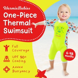 Cheekaaboo Warmiebabes Baby Toddler Wetsuit, Quick-Dry Thermal Snug-Fit UPF50+ 2mm Neoprene and Zipper Easy Closure Swimsuit, Light Green, Robot