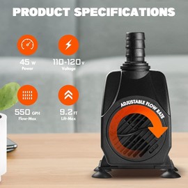 Simple Deluxe 550 GPH Submersible Water Pump (2082L/H, 45W), Ultra Quiet Fountain Pump with 9.2 ft, 3 Nozzles for Aquarium, Pool, Hydroponics, Black