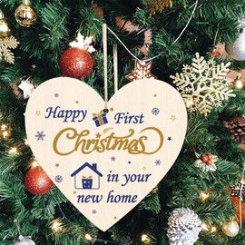 iwiio Happy First Christmas in New Home Ornament New Home Wooden Heart Sign New Home Christmas Decoration Hanging Plaque for Christmas Tree Decoration Accessories (B)