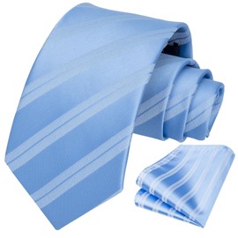 HISDERN Mens Sky Blue Plaid Tie and Pocket Square Set Classic Formal Business Stripe Necktie and Handkerchief