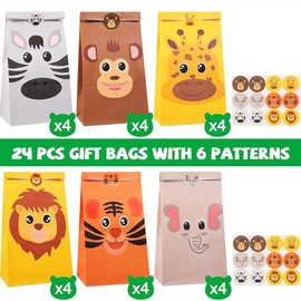24 Pack Safari Animal Party Favor Bags with Stickers,Kids Goodie Bags for Birthday Party, Animal Candy Treat Bags for Jungle Safari Theme Birthday Party