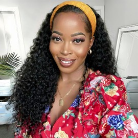 Curly Headband Wig Human Hair 18 inch None Lace Front Wig Machine Made Wigs Glueless Water Wave Headband Wigs for Black Women Human Hair Natural Color