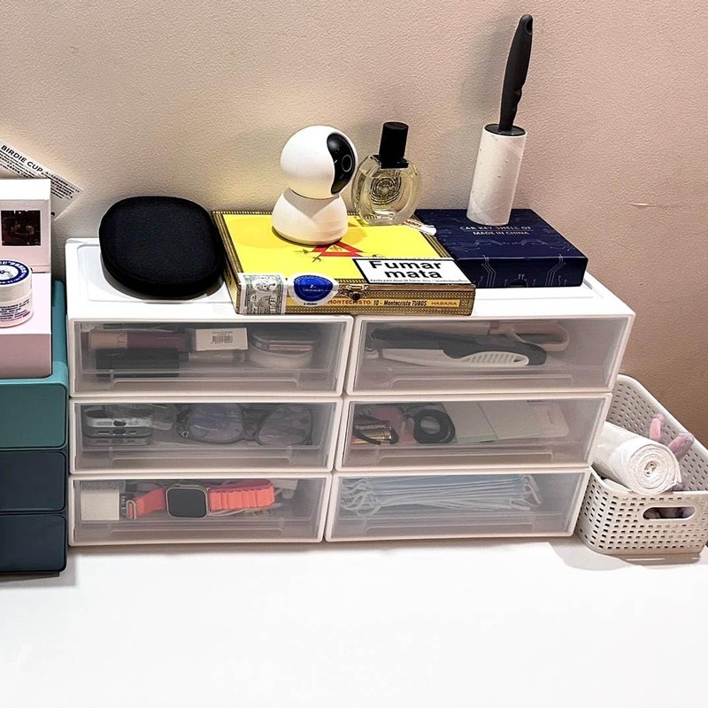 3 White Stackable Office Storage Boxes with Drawers, Stacking Desktop