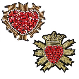 UEIOAVL Bead Applique Patches, 2 Pieces Stitched Patches, Rhinestone Heart Badge Woven Fabric Bead Patches for DIY Clothing Decoration (Red)