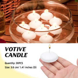 Floating Candles，30 Pcs Wax Burning Candles 1.5 inch Unscented Dripless Wax Discs Water Candles for Pool Cylinder Vases Weddings Parties Holiday White Candles for Centerpieces and Home Decor