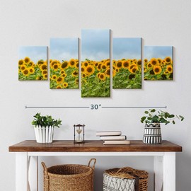 ElephantStock - Summer Day Sunflowers Wall Art - Horizontal Multi Panel Canvas - 5 Piece Living Room Wall Decor - Photography Nature Multi Piece Wall Art - Blue And Orange Decor - 36" x 15"
