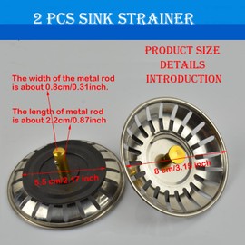 Taicols 2 Pcs Sink Strainer, Strainer Stainless Steel 304 Kitchen Sink Waste Plug Drain Stopper Basket Filter, Upgrade Kitchen Sink Strainers in Kitchens and Bathrooms Plug Fits Most Modern Sinks