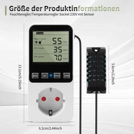 Temperature Controller Socket 230 V Humidity Controller with Sensor, Digital Thermostat Hygrostat Socket, Temperature Switch with Timer Alarm for Greenhouse, Aquarium, Terrarium, Mushroom