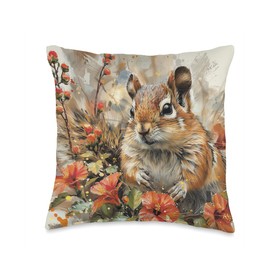 Floral Van Gogh Style Hibiscus Flower Chipmunk Throw Pillow