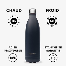 QWETCH - Originals Isothermal Bottle - Matt Grey Crabonne 1L - Nomadic Stainless Steel Bottle - 24h Cold and 12h Warm - Waterproof, BPA Free & Reusable