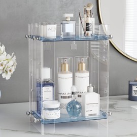 Delamu Bathroom Countertop Organizer 2-Tier Adjustable Corner Makeup & Skincare Organizer with Protective Guard Rail, Transparent Design for Vanity, Bathroom Counter, Ideal for Women