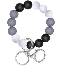 M-Plateau Wristlet Keychain, Silicone Beaded Wrist keychain with Key Ring for Women, Elastic Keychain Bracelet (Black White)