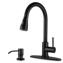 Matte Black Kitchen Sink Faucet, Homikit High Arc Stainless Steel Single Handle Kitchen Faucets with Soap Dispenser for Farmhouse Utility Camper Laundry Rv, Pull Down Sprayer & Deck Plate