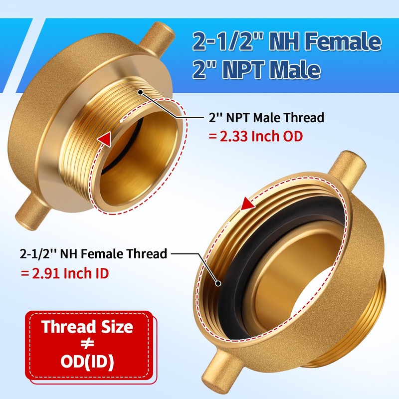 Brass Fire Hose Adapter, 2-1/2" NST Female x 2" NPT