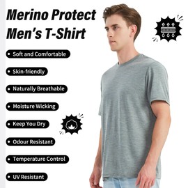 Merino Protect 100% Merino Wool T Shirts for Men Odor Resistance Base Layer Hiking Travel T-Shirt Soft Undershirt