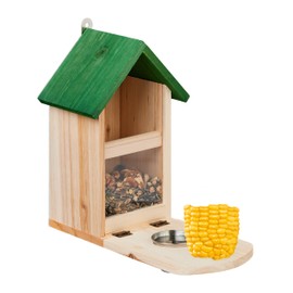 Relaxdays 1 x Wooden Squirrel Feeder with Corn Cob Holder Bowl Seat Platform Natural/Green
