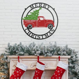 RealSteel Little Red Truck Hauling Christmas Tree Vintage Truck with Christmas Tree – Festive Christmas Decoration, Christmas Mantle Decor, Holiday Gifts, Home Decor (24" Red Green Black)
