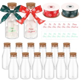 Baderke 24 Set Christmas Jars 6.7oz Plastic Jars with Cork Stoppers Christmas Ribbon Christmas Stickers Plastic Christmas Centerpieces Candy Jar for Oatmeal Coffee Candy Christmas Gift
