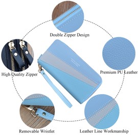 Ladies PU Leather Phone Wallet with Double Zipper Coin Purse, Large Capacity, Multiple Card Slots, Wristlet (Blue3)