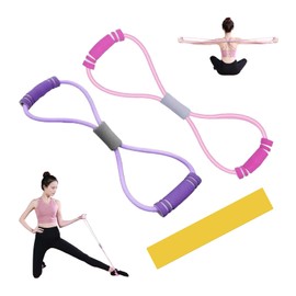 Figure 8 Resistance Band,2-Pcs Set with Handles + 1 Yellow Elastic Band,Pilates Accessories, Ideal for Home Workouts, Gym Training, and Yoga(Purple + Pink)